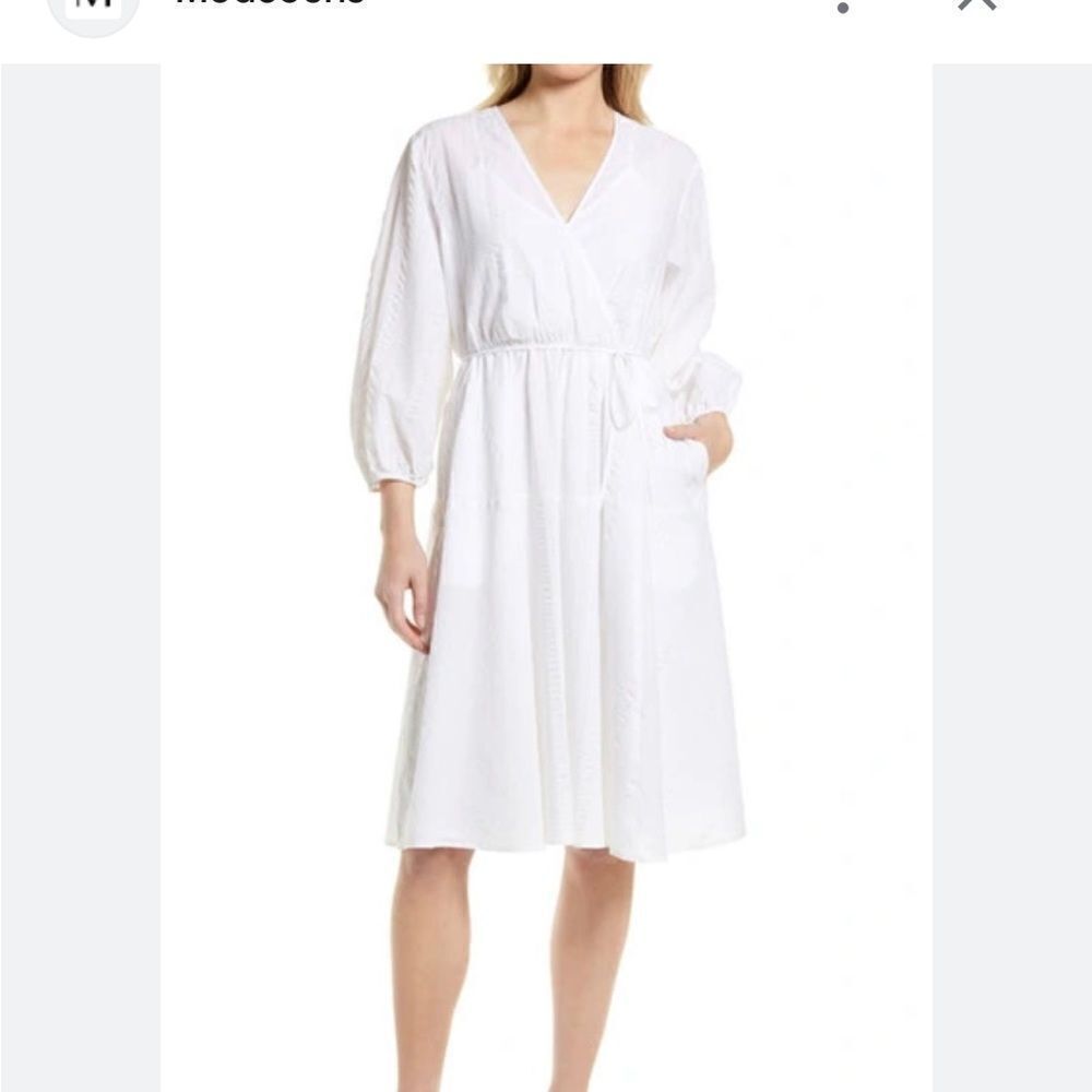 Nordstrom Womens Dress Longsleeve Faux Wrap White Cotton Casual Summer Vneck XS